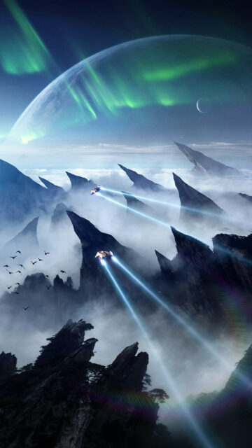 Futuristic Spaceship Flying Through Jagged Mountainous Sky Mobile Wallpaper