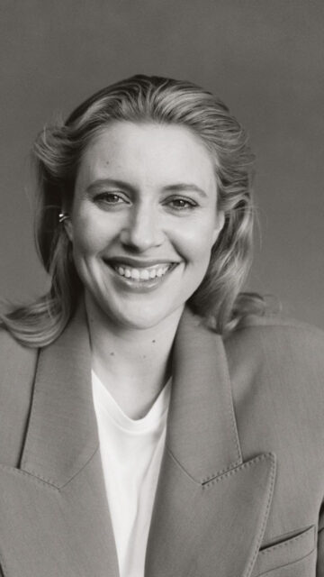Elegant Black and White Greta Gerwig Portrait Mobile Wallpaper