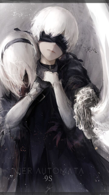 9S and 2B Monochrome Artistic Mobile Wallpaper