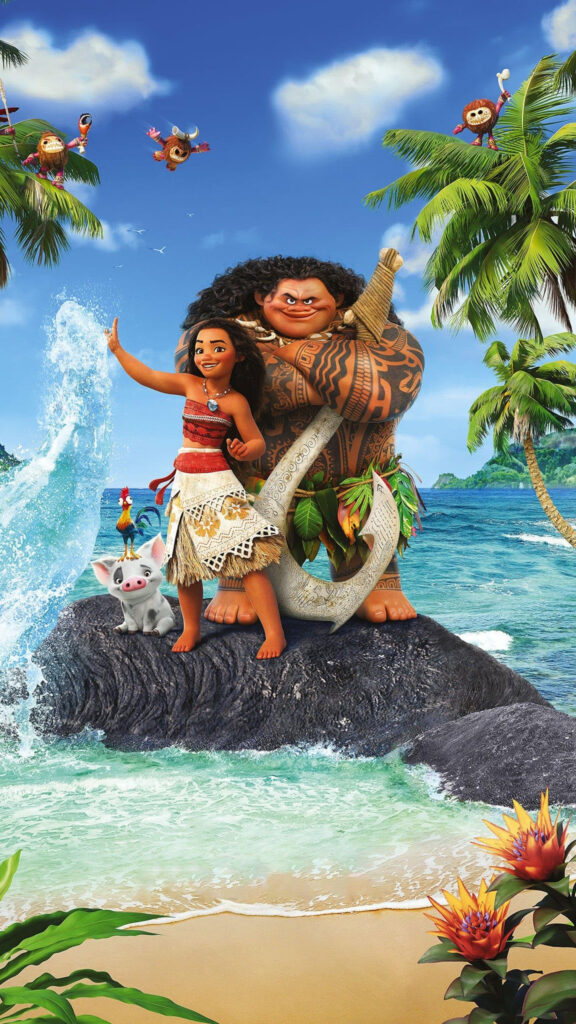 Moana and Maui Adventurous Beach Scene Mobile Wallpaper