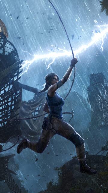 Lara Croft Swinging in Stormy Weather Mobile Wallpaper