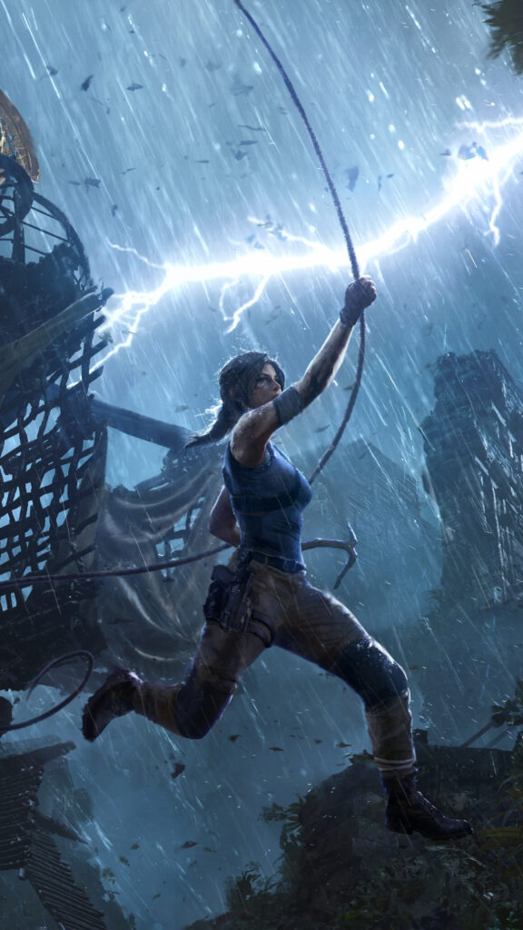 Lara Croft Swinging in Stormy Weather Mobile Wallpaper