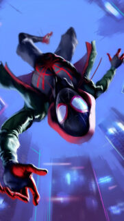 Miles Morales Falling Through City Streets Mobile Wallpaper