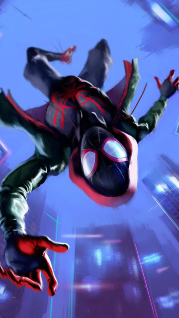Miles Morales Falling Through City Streets Mobile Wallpaper