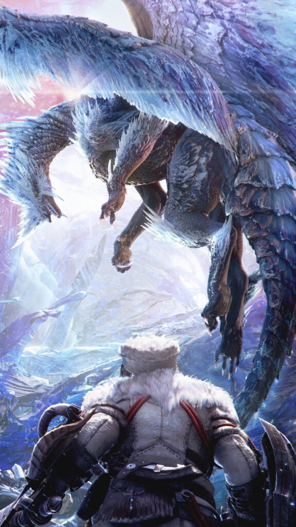 Velkhana Confronting a Hunter Monster Hunter Mobile Wallpaper