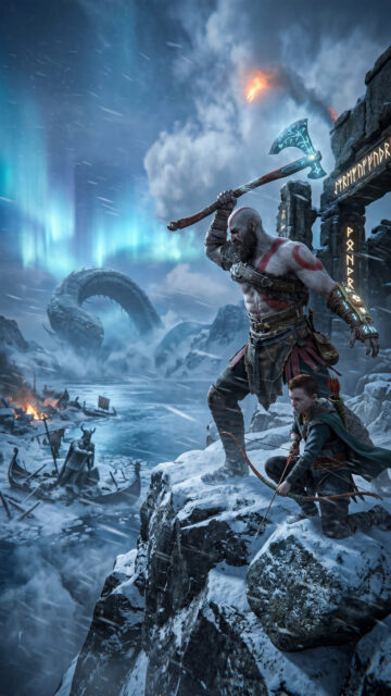 Epic God of War Kratos and Atreus Viking Action Mobile Wallpaper