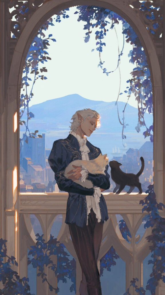 Elf Noble with Cats Fantasy Art Mobile Wallpaper
