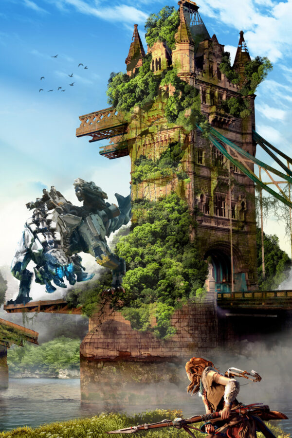Aloy Facing a Machine Near Tower Bridge Mobile Wallpaper