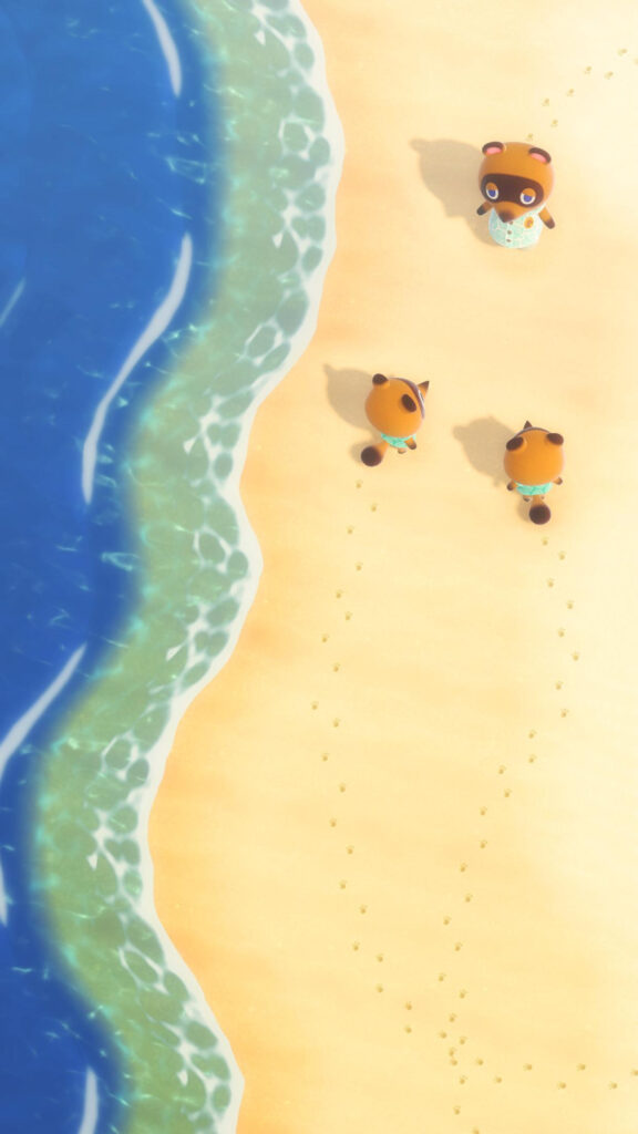 Three Tanuki Characters on a Sunny Beach Mobile Wallpaper