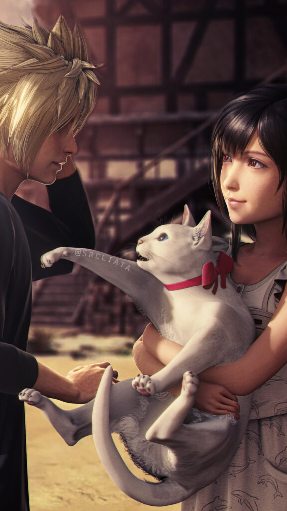 Cloud and Tifa with Cat Final Fantasy Mobile Wallpaper