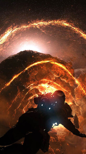 Astronaut Exploring Fiery Asteroid Mobile Wallpaper