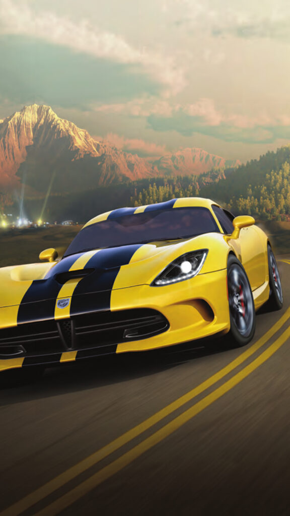 Yellow SRT Viper Speeding Along Mountain Road Mobile Wallpaper