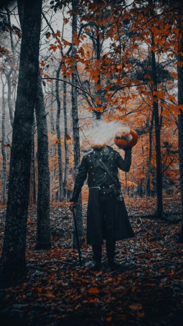 Headless Horseman Smoking Pumpkin Forest Horror 4K Wallpaper