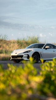 White Subaru BRZ Sports Car parked at sunset mobile Wallpaper