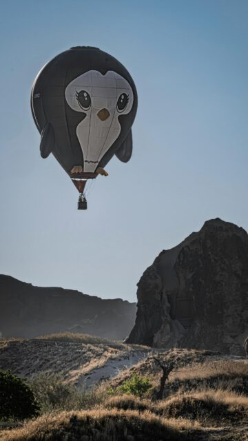 Whimsical Penguin Hot Air Balloon Flying Over Cappadocia Landscape Wallpaper