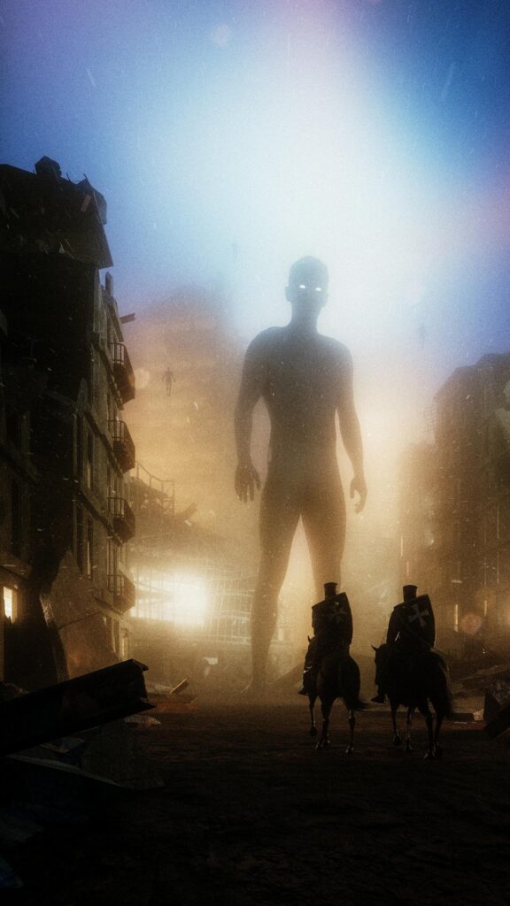 Epic Fantasy Giant Silhouette Standing Over Medieval Knights Wallpaper