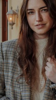 Elegant Young Woman in Tweed Blazer Portrait Mobile Wallpaper