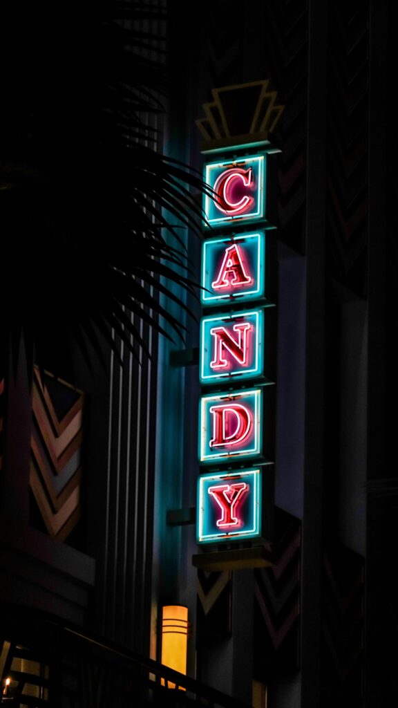 Neon Candy Sign Cinematic Art Deco Night Mobile Wallpaper