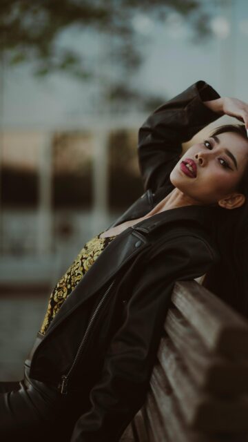 Stunning Fashion Model in Leather Jacket Portrait Mobile Wallpaper