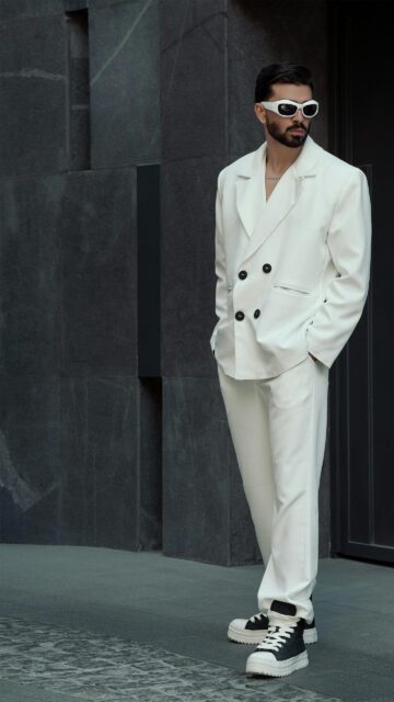 Stylish Man in White Suit and Designer Sunglasses Mobile Wallpaper