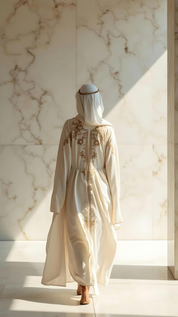 Elegant Arabian Woman in Embroidered Cream Abaya Luxury Wallpaper
