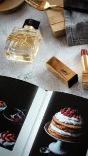 Luxury YSL Perfume and Lipstick Flatlay Aesthetic Phone Wallpaper