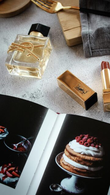 Luxury YSL Perfume and Lipstick Flatlay Aesthetic Phone Wallpaper