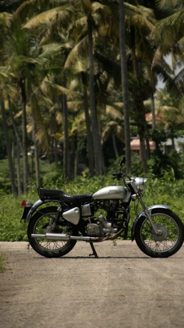 Classic Royal Enfield Motorcycle Silver Bike Tropical Palm Trees Wallpaper