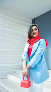 Stylish Woman in Blue Blazer and Red Hijab Portrait Mobile Wallpaper