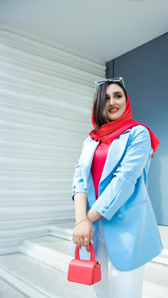Stylish Woman in Blue Blazer and Red Hijab Portrait Mobile Wallpaper