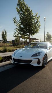 Sleek White Subaru BRZ Sports Car Sunset Golden Hour Wallpaper