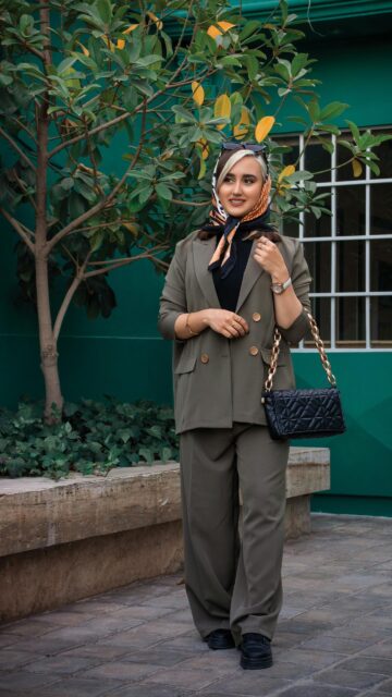 Stylish Woman in Olive Green Suit and Silk Headscarf Fashion Portrait Wallpaper
