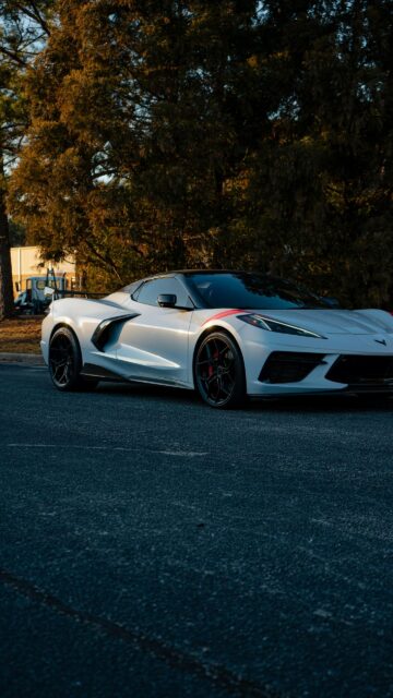 White Chevrolet Corvette C8 Sports Car Sunset Golden Hour Wallpaper