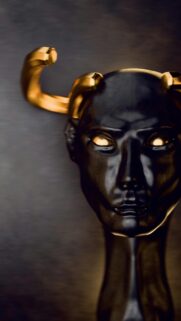 Black Obsidian Statue with Gold Horns Abstract Digital Art Wallpaper
