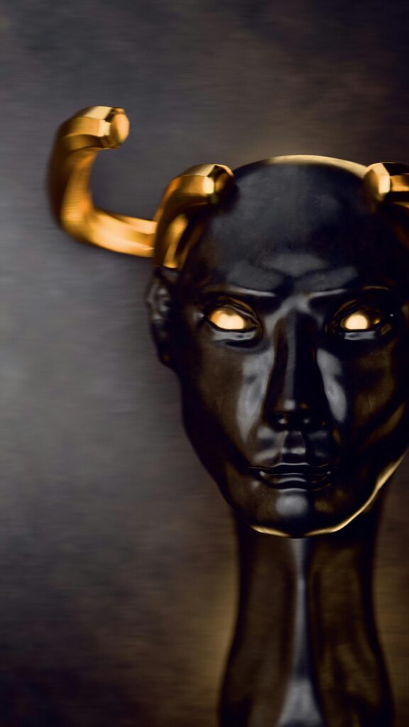 Black Obsidian Statue with Gold Horns Abstract Digital Art Wallpaper