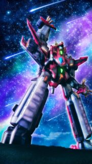 Epic Mecha Robot Standing Under Cosmic Galaxy Sky Wallpaper