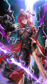 Stunning Anime Girl with Red Hair and Lightning Powers Wallpaper 4K