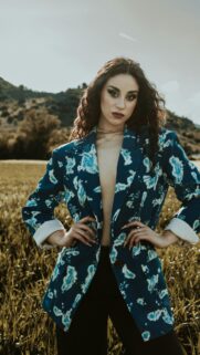 Stunning Fashion Portrait Model in Blue Patterned Blazer Wallpaper