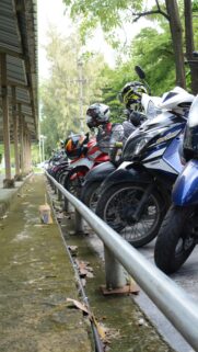 Row of Motorcycles Parked at Campus Curb Wallpaper