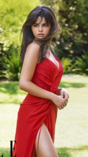 Selena Gomez in Stunning Red Dress Outdoor Portrait Wallpaper