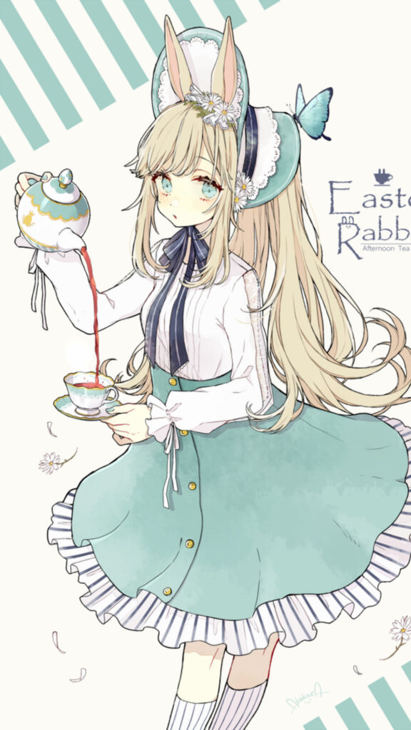 Cute Anime Easter Rabbit Girl Pouring Tea Wallpaper for Mobile