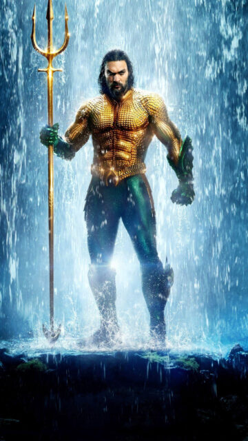 Jason Momoa as Aquaman Standing in Waterfall Mobile Wallpaper