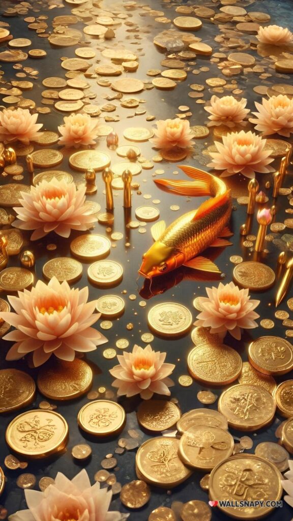 Golden Prosperity Fish Vision Board for Abundance and Wealth Wallpaper