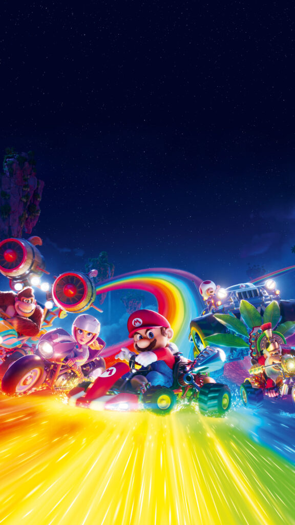 Super Mario Bros. Characters Racing on Rainbow Road Mobile Wallpaper