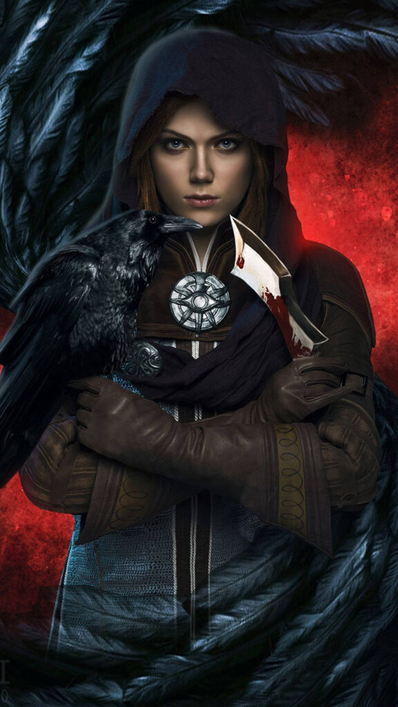 Assassin Warrior with Raven Dark Fantasy Mobile Wallpaper