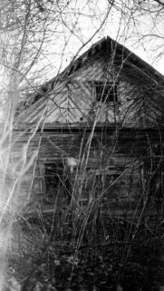 Eerie Abandoned Wooden Barn in Forest Monochrome Mobile Wallpaper