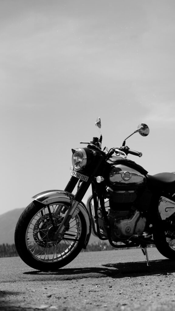 Classic Royal Enfield Motorcycle Black and White Mobile Wallpaper