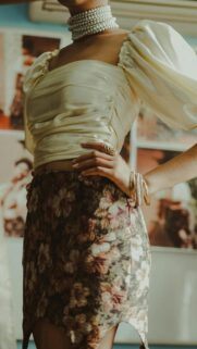 Elegant Vintage Floral Skirt and Satin Blouse Fashion Wallpaper