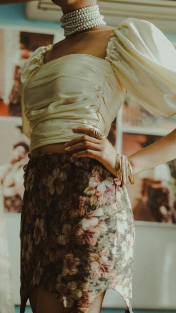 Elegant Vintage Floral Skirt and Satin Blouse Fashion Wallpaper