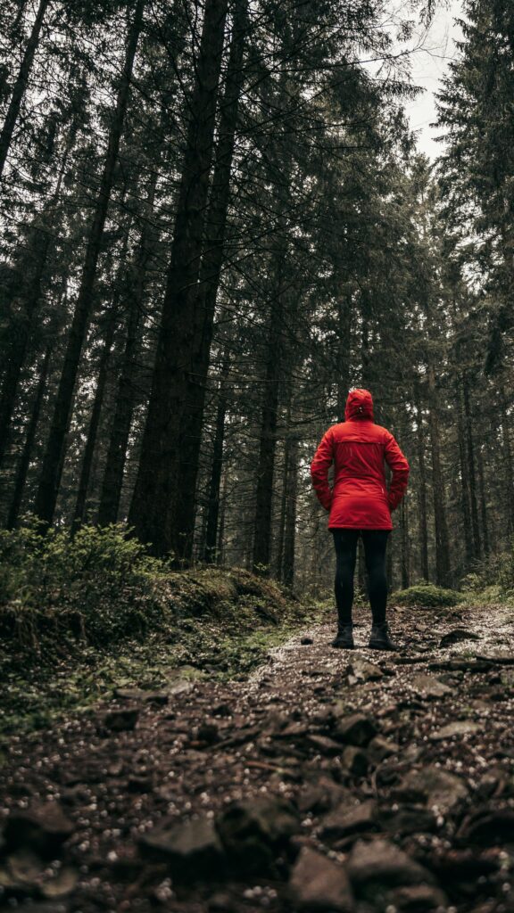 Lone Hiker in Red Jacket Standing in Dark Misty Forest Wallpaper